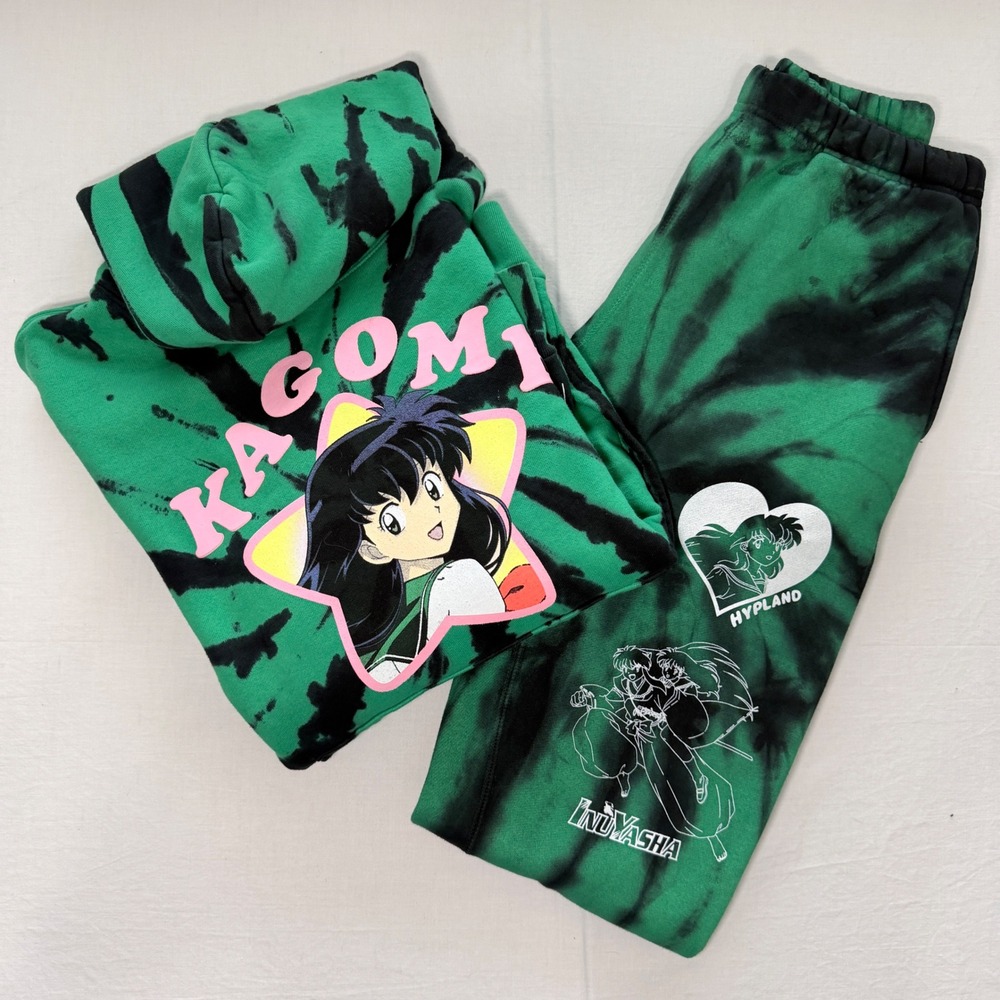 Hypland x InuYasha Kagome Tie Dye Hoodie Sweatpants Set Green Black S XS Anime